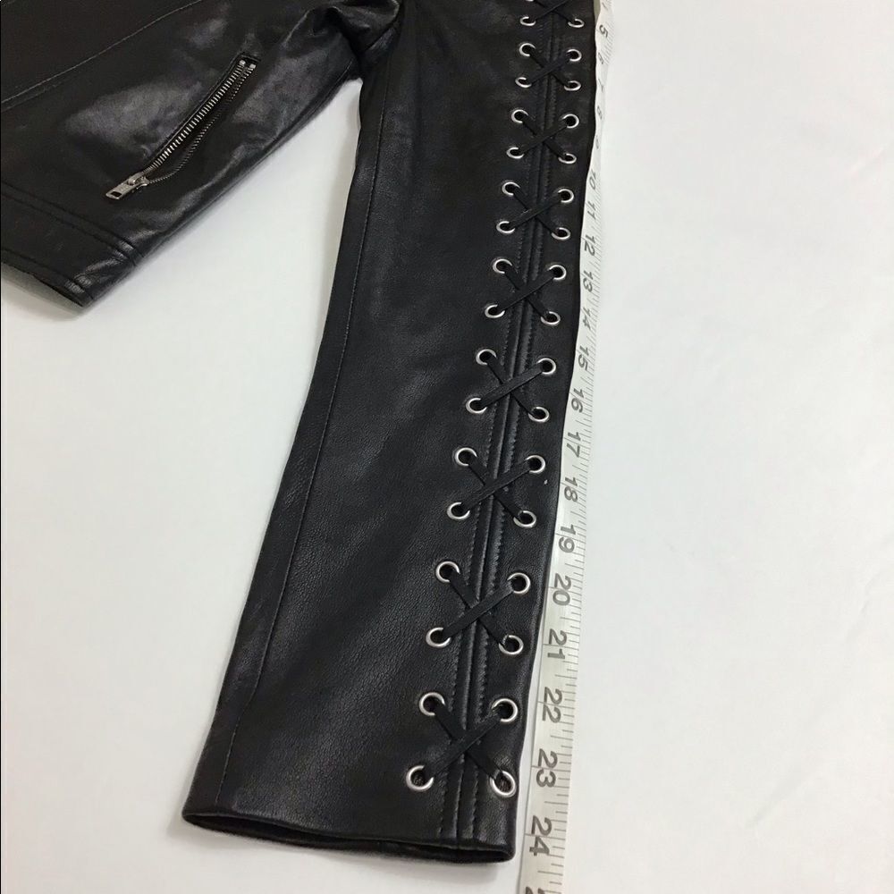 Lab London Black Leather Moto Biker Jacket Lattice Sleeve Size Medium - Picture 7 of 10